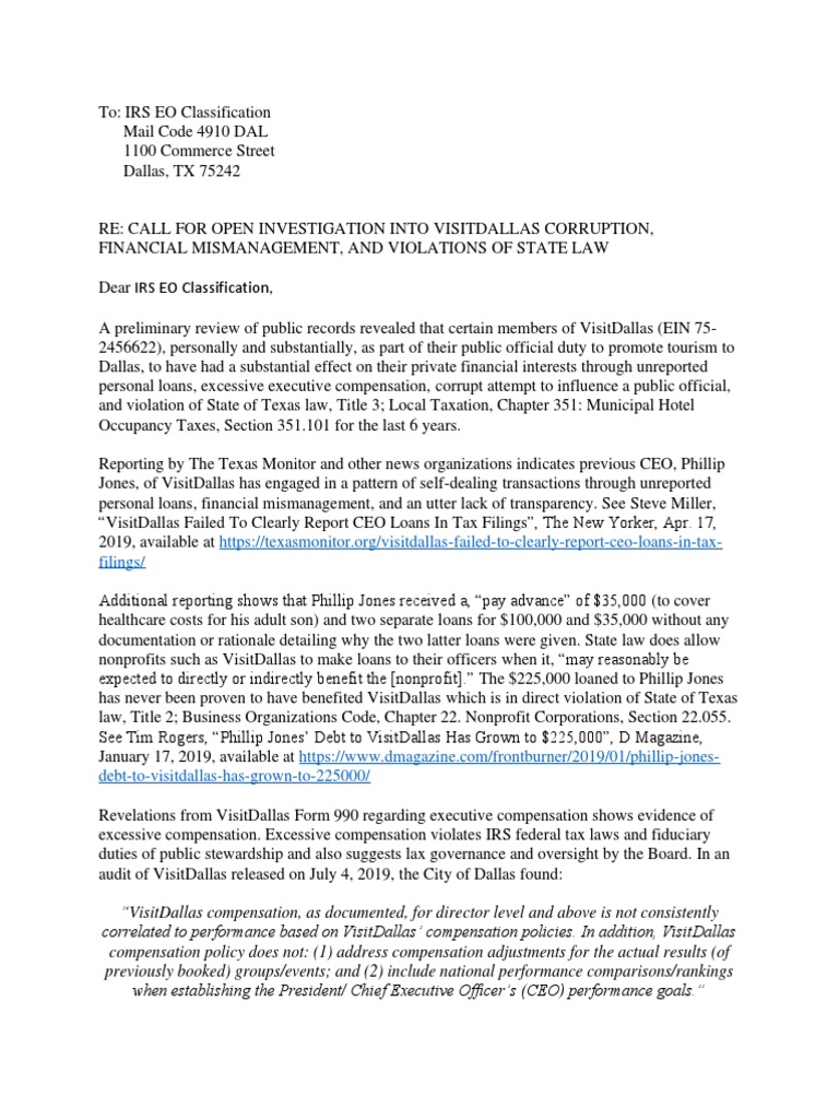 VisitDallas IRS Form 13909 Tax Exempt Organization Complaint PDF 