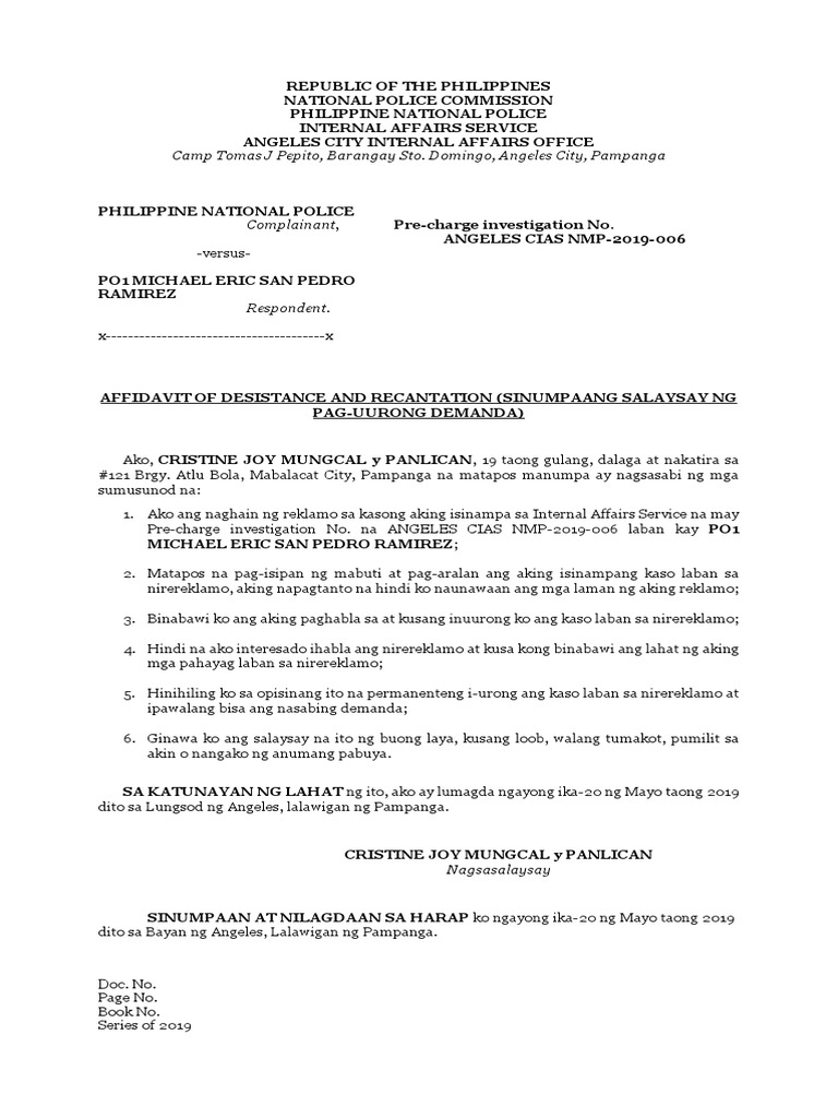Affidavit of Desistance Tagalog PDF