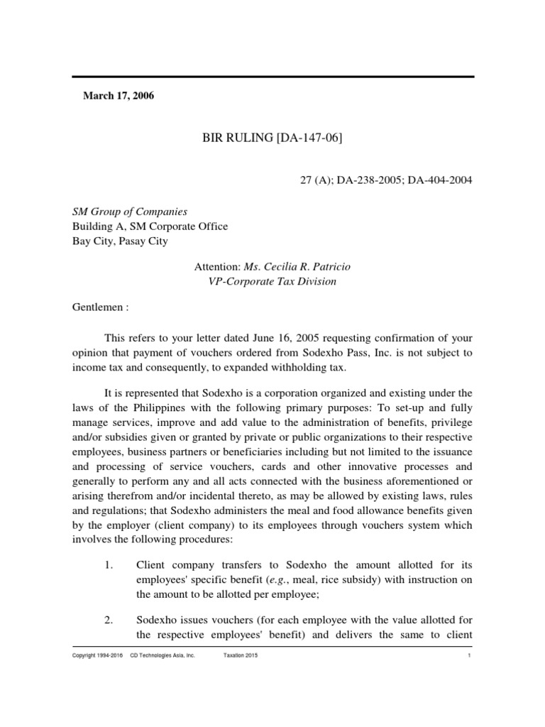 Bir Ruling (Da-147-06) - Gcs | PDF | Value Added Tax | Taxation In The ...
