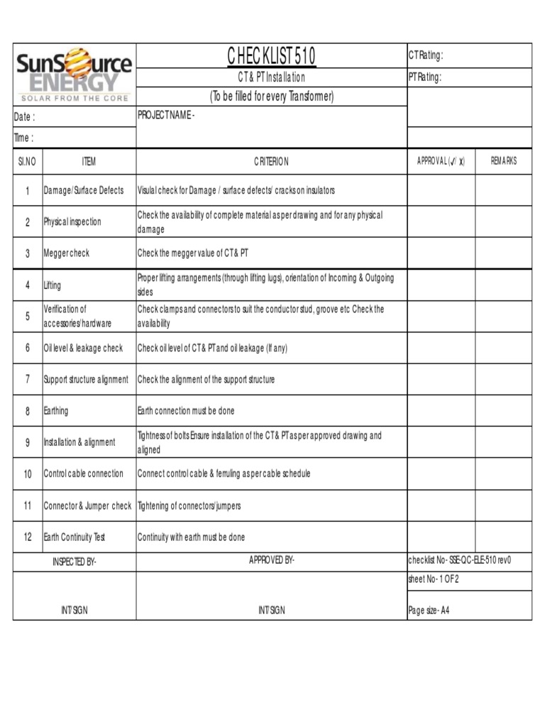 CT & PT Installation Checklist | PDF | Electrical Connector | Transformer