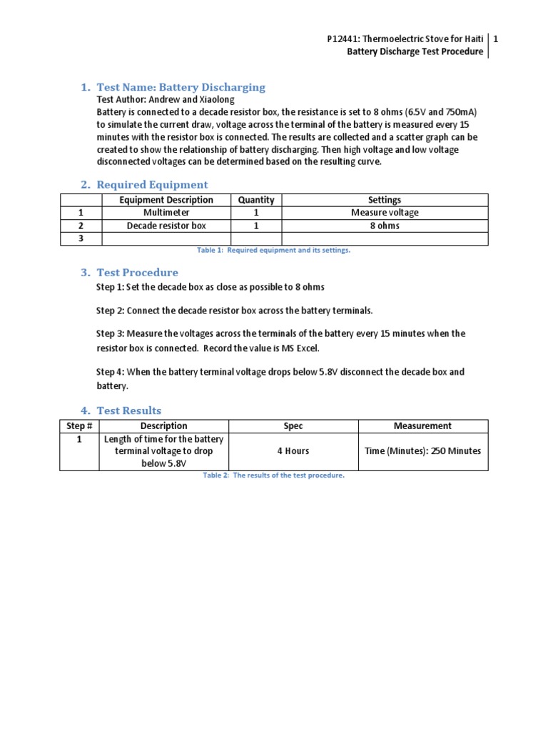 Battery Discharge Test Procedure | PDF | Resistor | Voltage