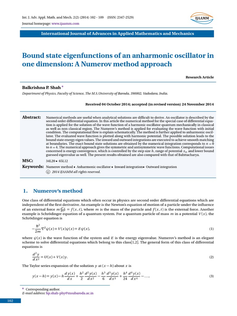 Anharmonic Oscillator A Numerov Approach PDF Wave Function Schrödinger Equation
