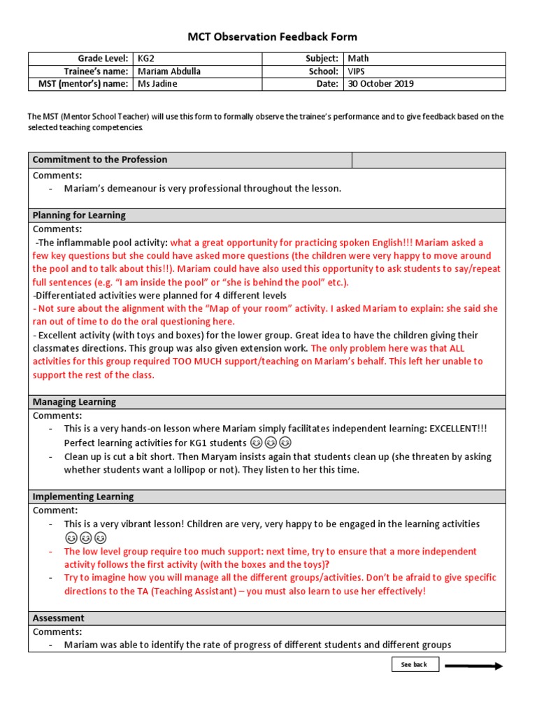 KG2 Math Teaching Feedback | PDF | Mentorship | Teachers