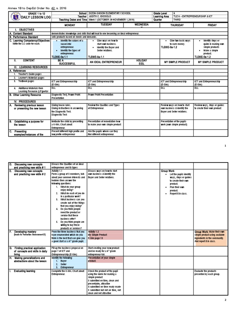 Grade 6 DLL: ICT & Entrepreneurship Week 1 | PDF | Educational ...