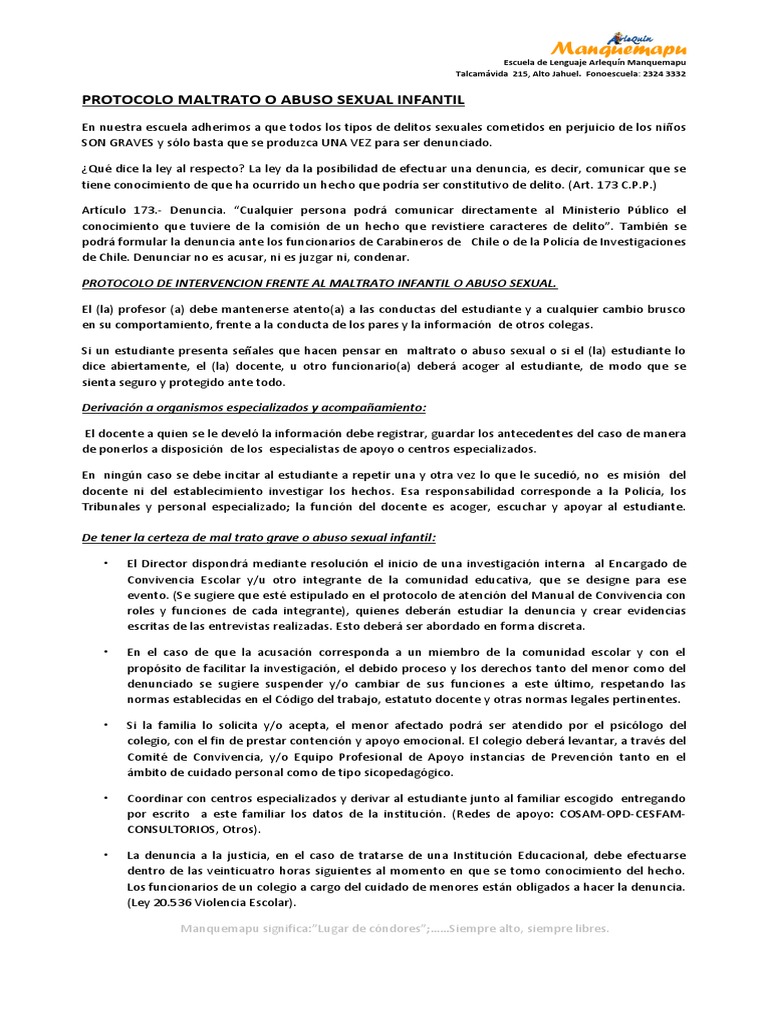 Protocolo Abuso Infantil Escuela Arlequín | PDF | Abuso Sexual Infantil ...