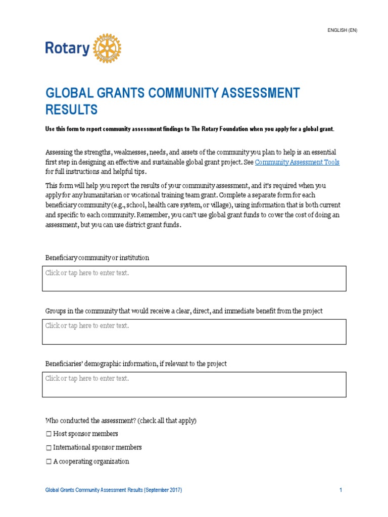 Global Grants Community Assessment Form | PDF | Community | Business