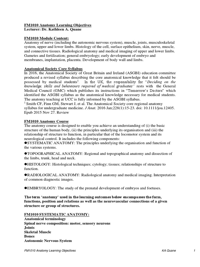 FM1010 Anatomy Learning Objectives | PDF | Anatomical Terms Of Motion ...