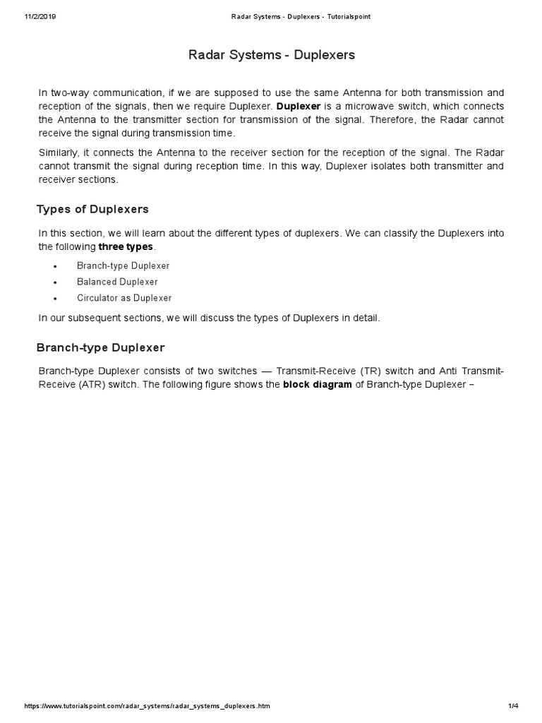 Radar Systems Duplexers Tutorialspoint PDF Antenna (Radio