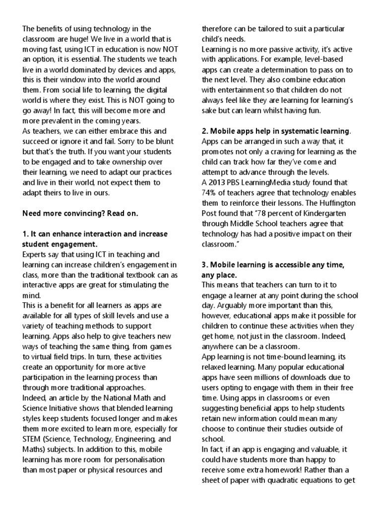 The Benefits of Using Technology in The Classroom | PDF | Educational ...