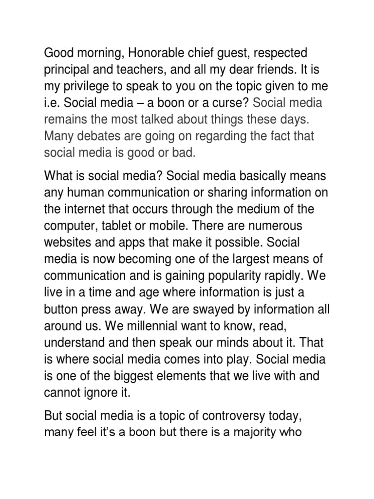 social media bane or boon 2 minute speech in english