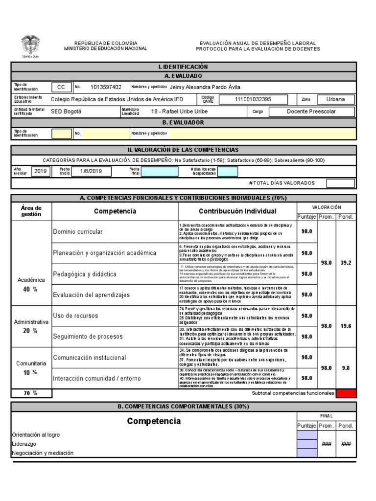 Formato Evaluación de Desempeño 2019 Evaluación