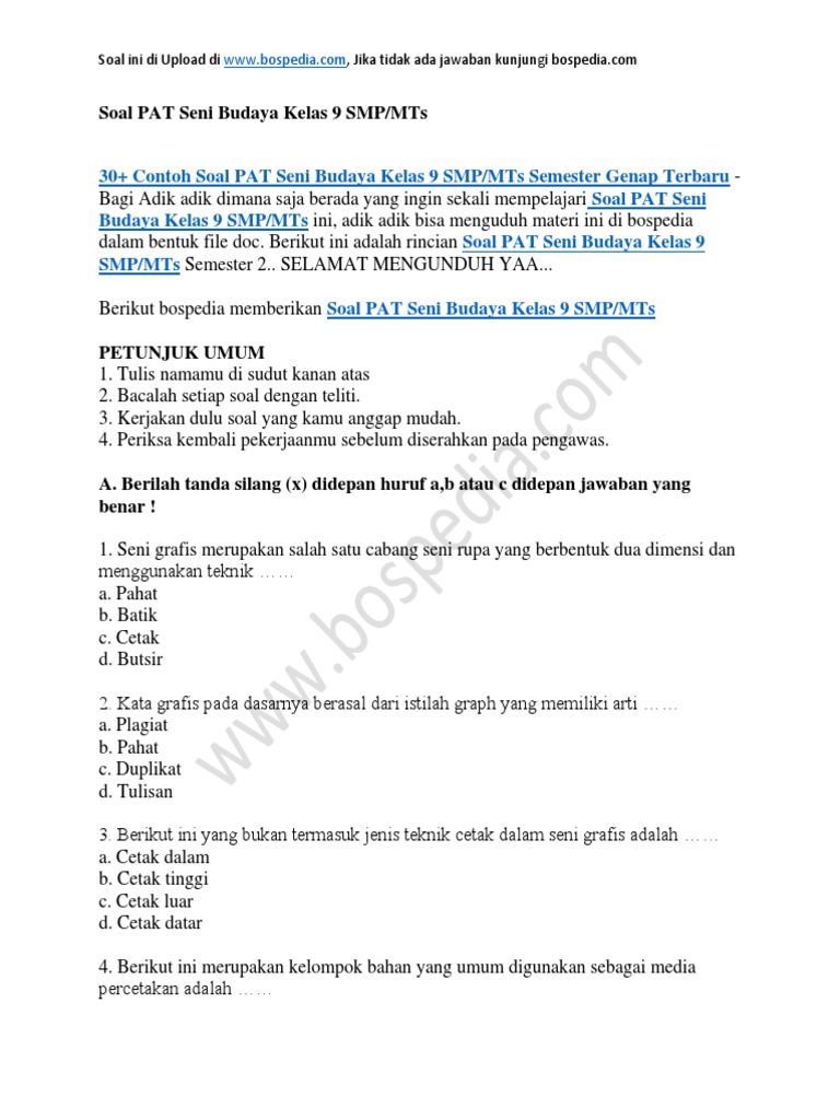 30 Contoh Soal Pat Seni Budaya Kelas 9 Smp Mts Semester Genap Docx