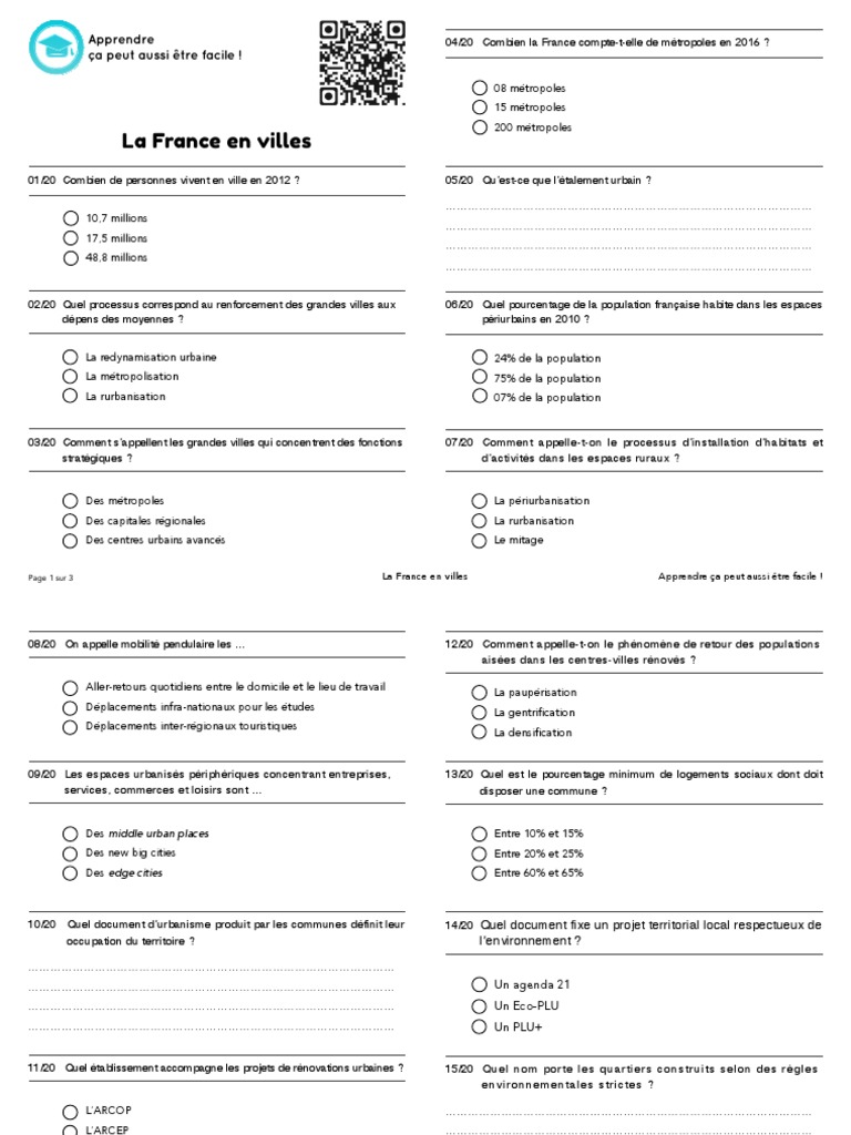 Qcm Les Metropoles Et Leurs Habitants