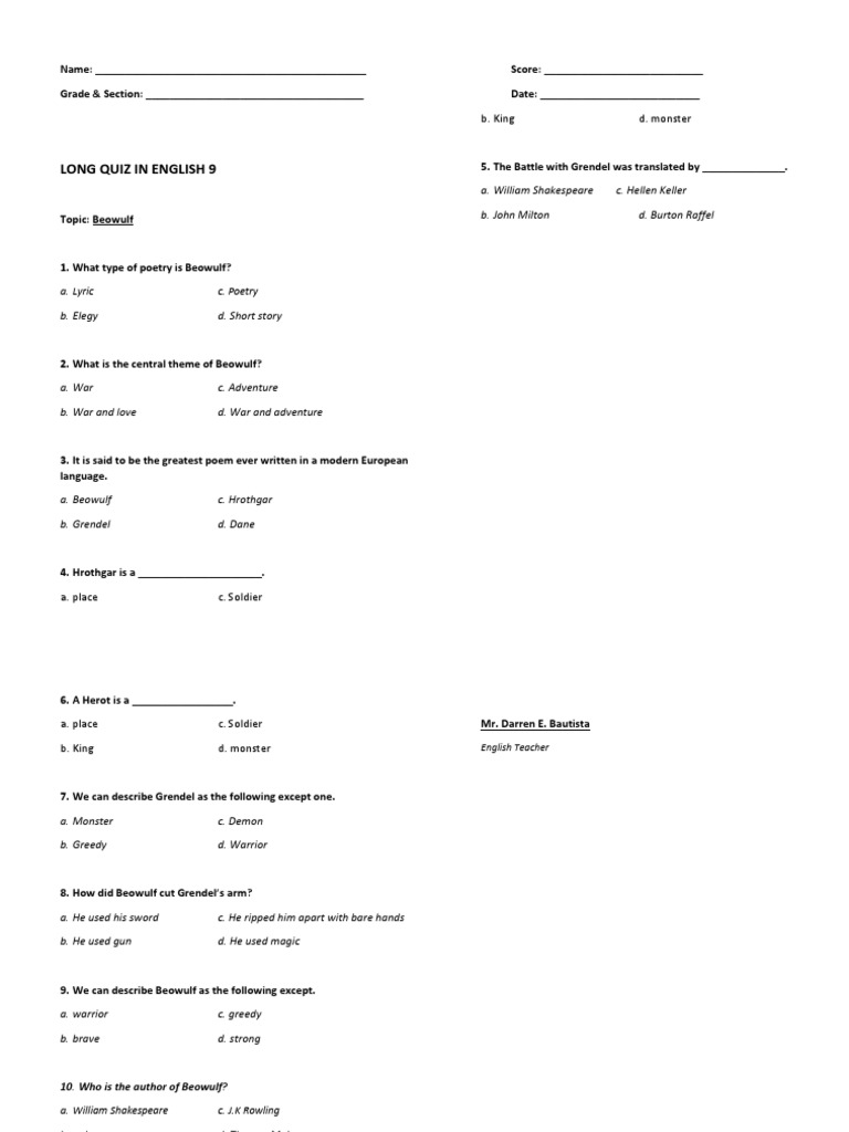 Beowulf Story Order Did You Get It Right Quiz Inside - 6m2z4y2