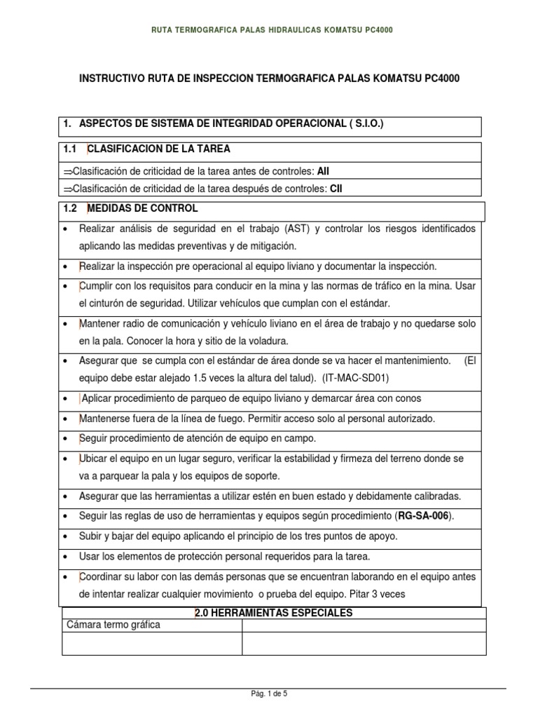 Instructivo Ruta de Inspeccion Termografica Palas Komatsu Pc4000 | PDF