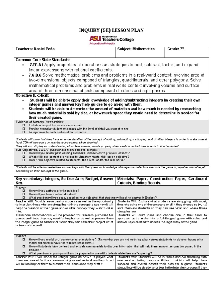 Inquiry-Based Integer Game Creation | PDF | Area | Lesson Plan
