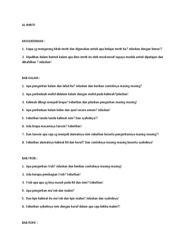 Soal Nahwu Bab Ikrob Guru Sekolah