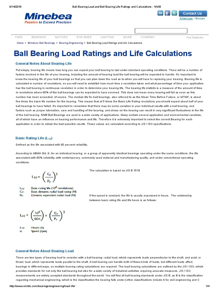Ball Bearing Load and Ball Bearing Life Ratings and Calculations NMB PDF Bearing