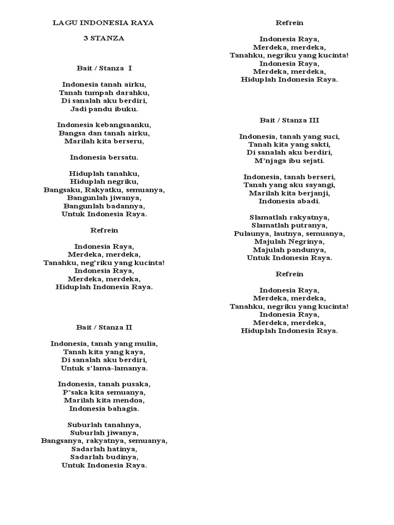 Lirik Lagu Indonesia Raya 3 Stanza | PDF