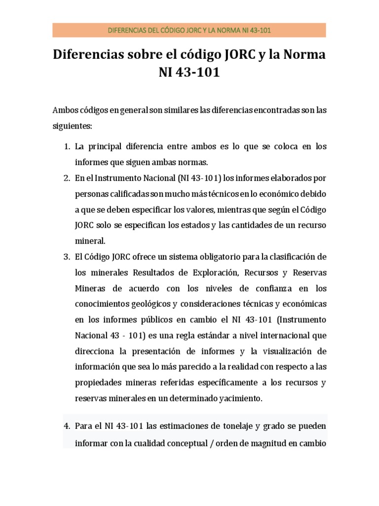 Comparativa JORC y NI 43-101 | PDF | Minería | Minerales