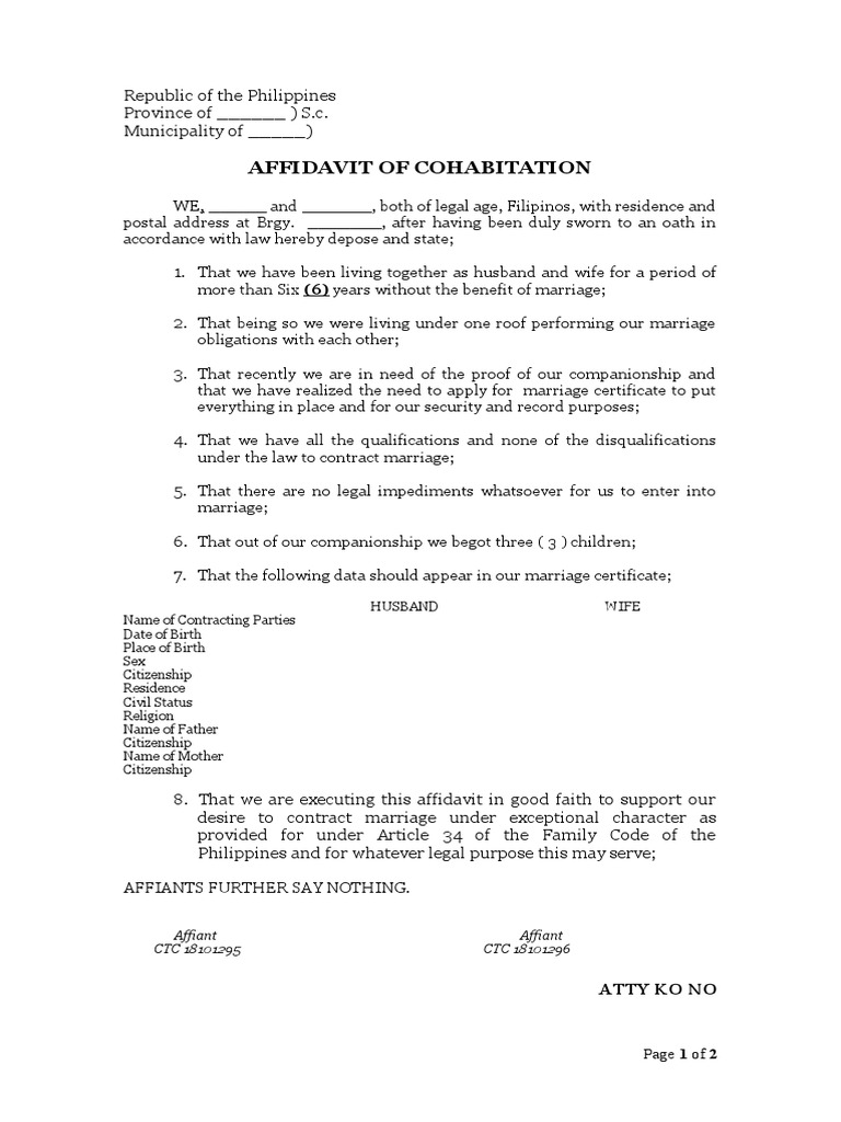 Affidavit of Cohabitation | PDF | Affidavit | Marriage