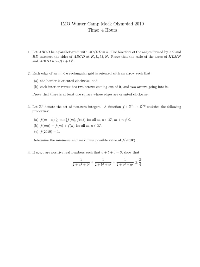 2010 Winter Camp - Mock Olympiad - Solutions | PDF | Numbers ...