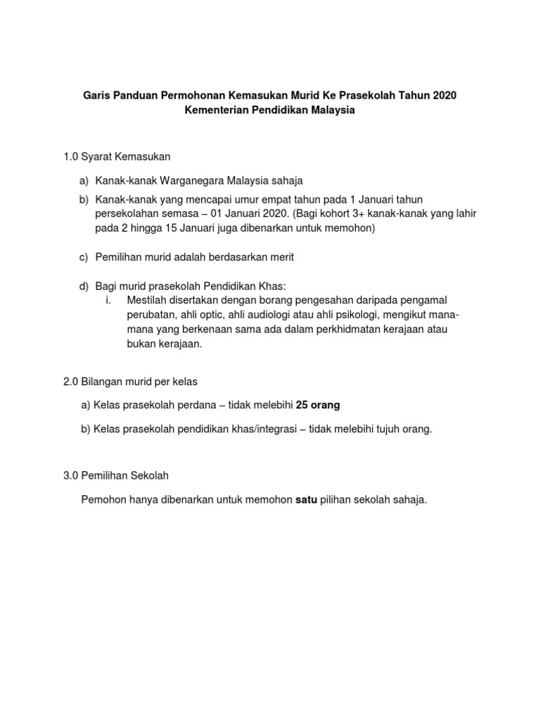 Garis Panduan Permohonan Kemasukan Murid Ke Prasekolah Tahun 2020 Kpm Pdf