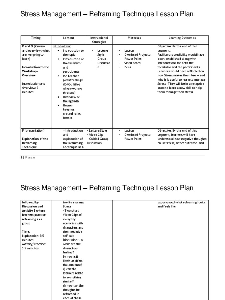 Stress Management: Reframing Lesson | PDF | Lesson Plan | Education Theory