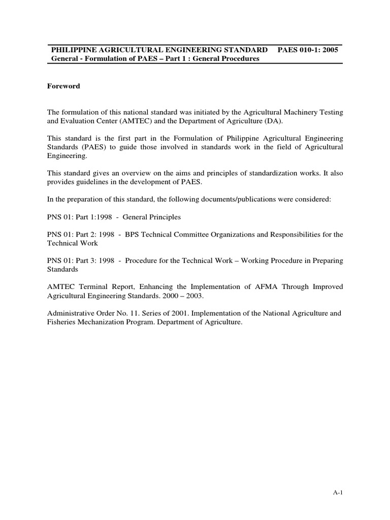 PAES 010-1: General Procedures Overview | PDF | Standardization | Safety