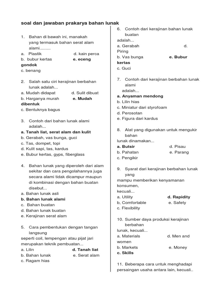 Soal Pilihan Ganda Pkwu Pengolahan Kelas X Kerajinan Dan Jawabannya