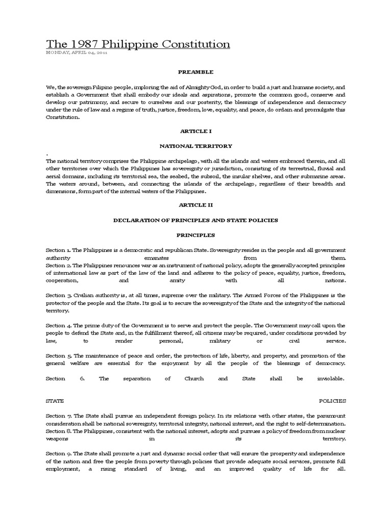 The 1987 Philippine Constitution | PDF | President Of The Philippines ...