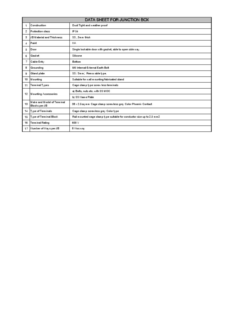 Junction Box Datasheet PDF