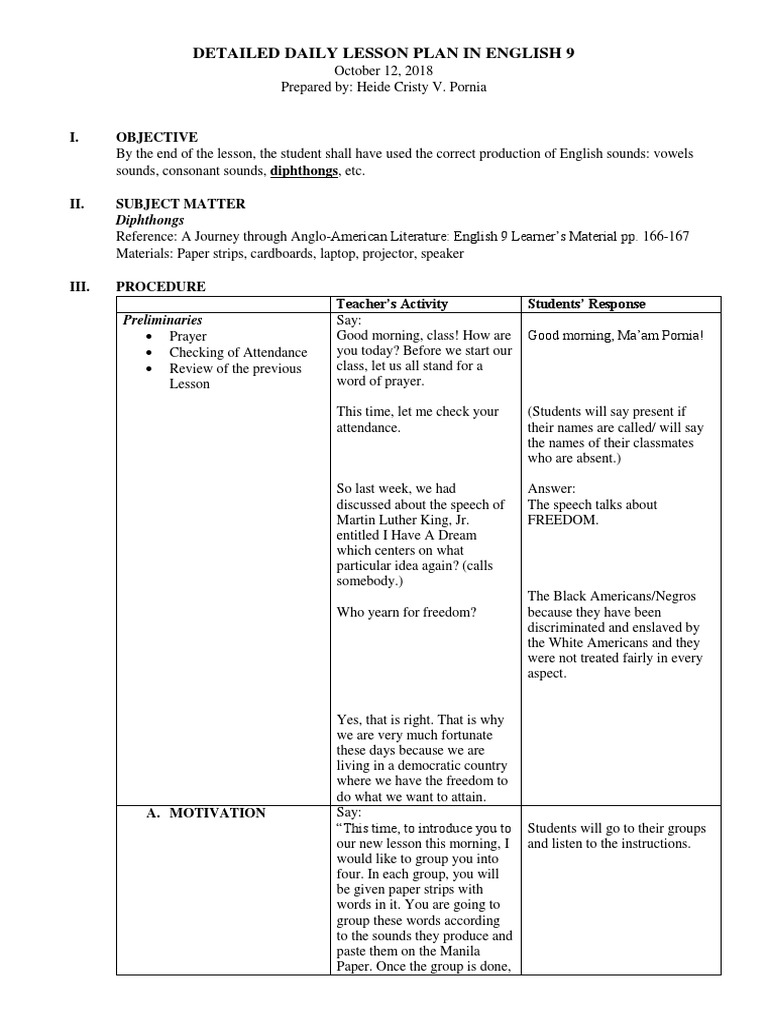 Detailed Daily Lesson Plan in English 9 | PDF | English Language | Speech