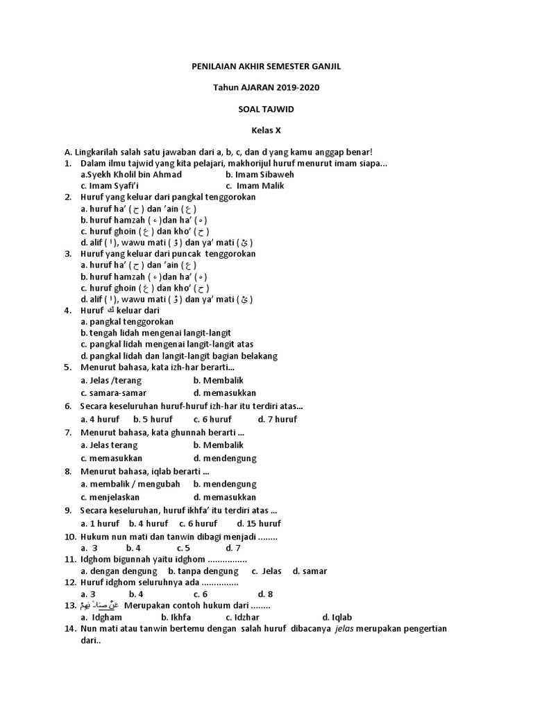 Soal Tajwid Pas 2019