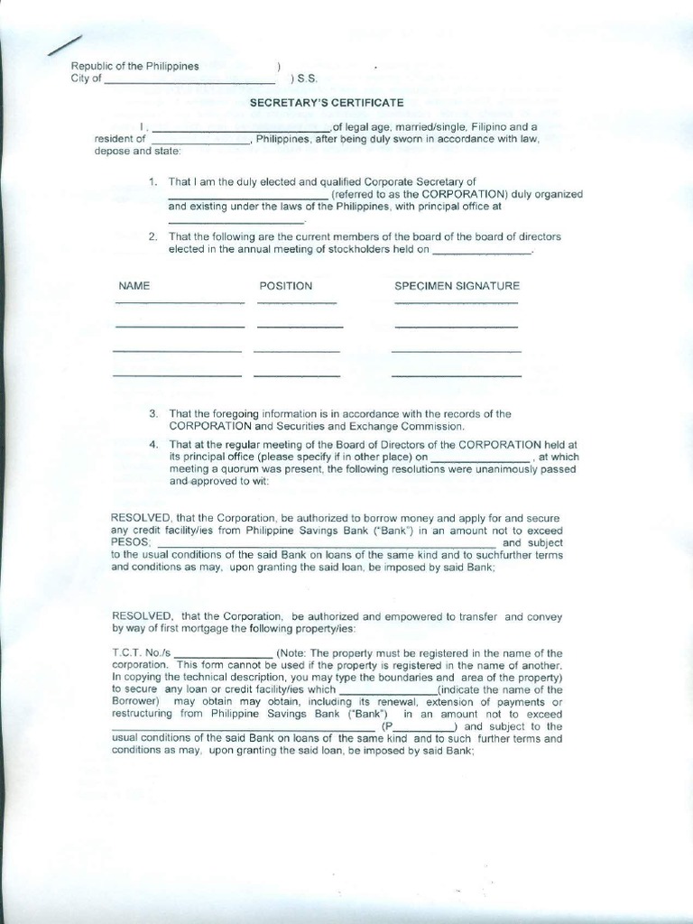 PS Bank Secretary Certificate | PDF