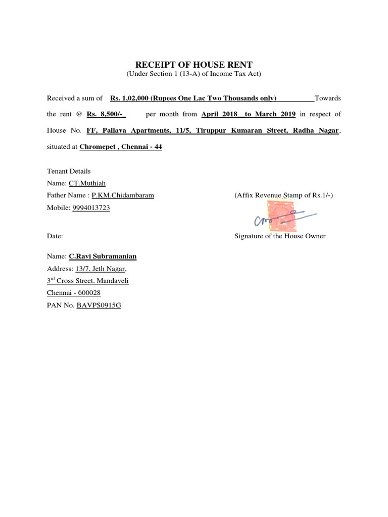 receipt of house rent pdf