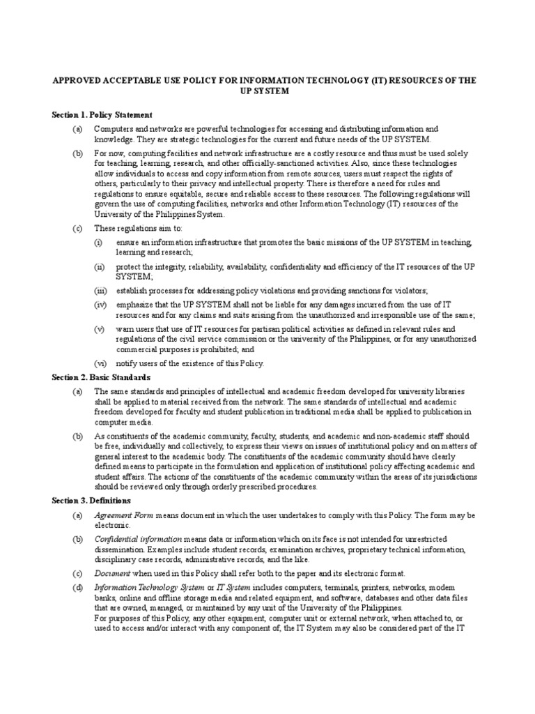 Acceptable Use Policy For IT Resources of The U.P. System | PDF ...