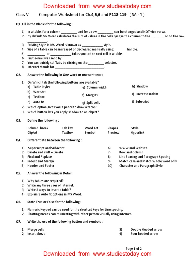 CBSE Class 5 Computer Science Worksheet | PDF