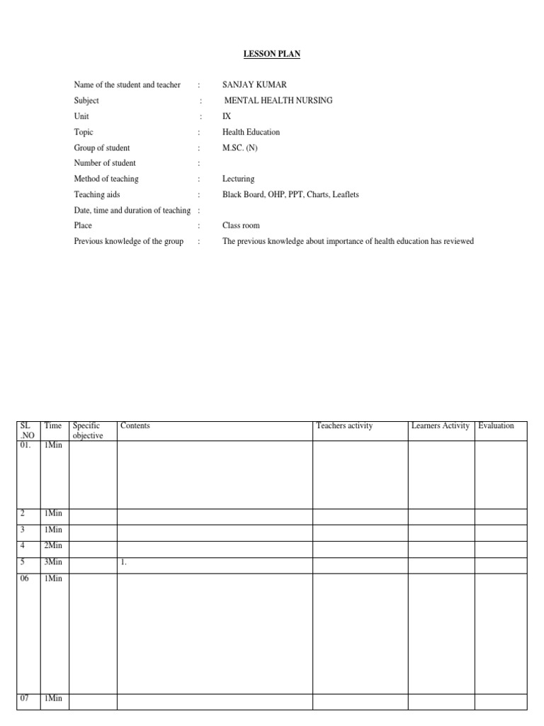 Nursing Lesson Plan: Health Education | PDF