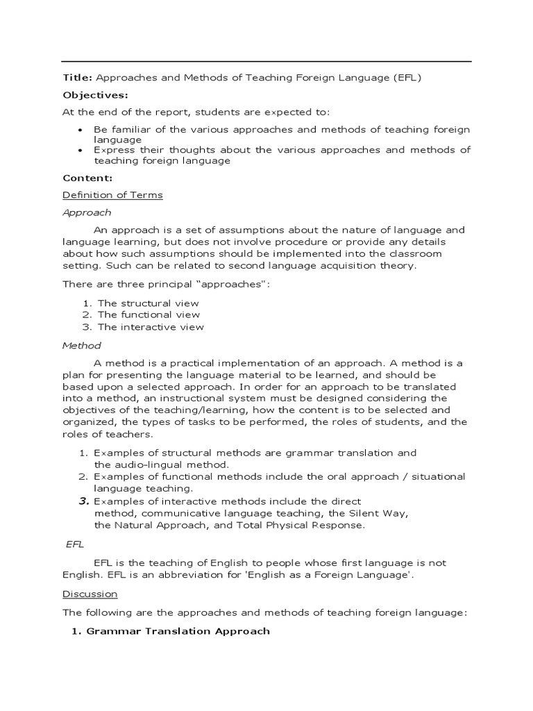 EFL Teaching Approaches and Methods | PDF | Language Education ...