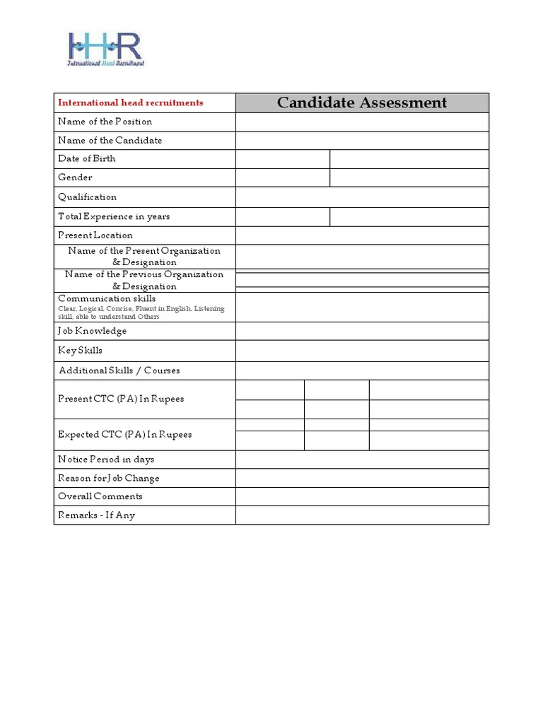 Candidate Assessment Sheet | PDF | Career &amp; Growth | Business