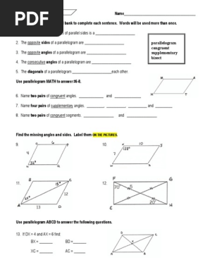 Geometry Worksheet 6.2 Parallelograms PDF | PDF