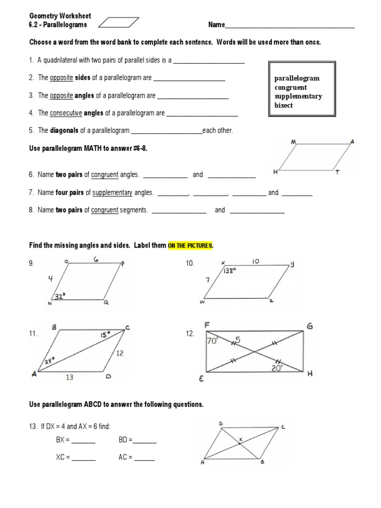 Geometry Worksheet 6 2 Parallelograms Pdf