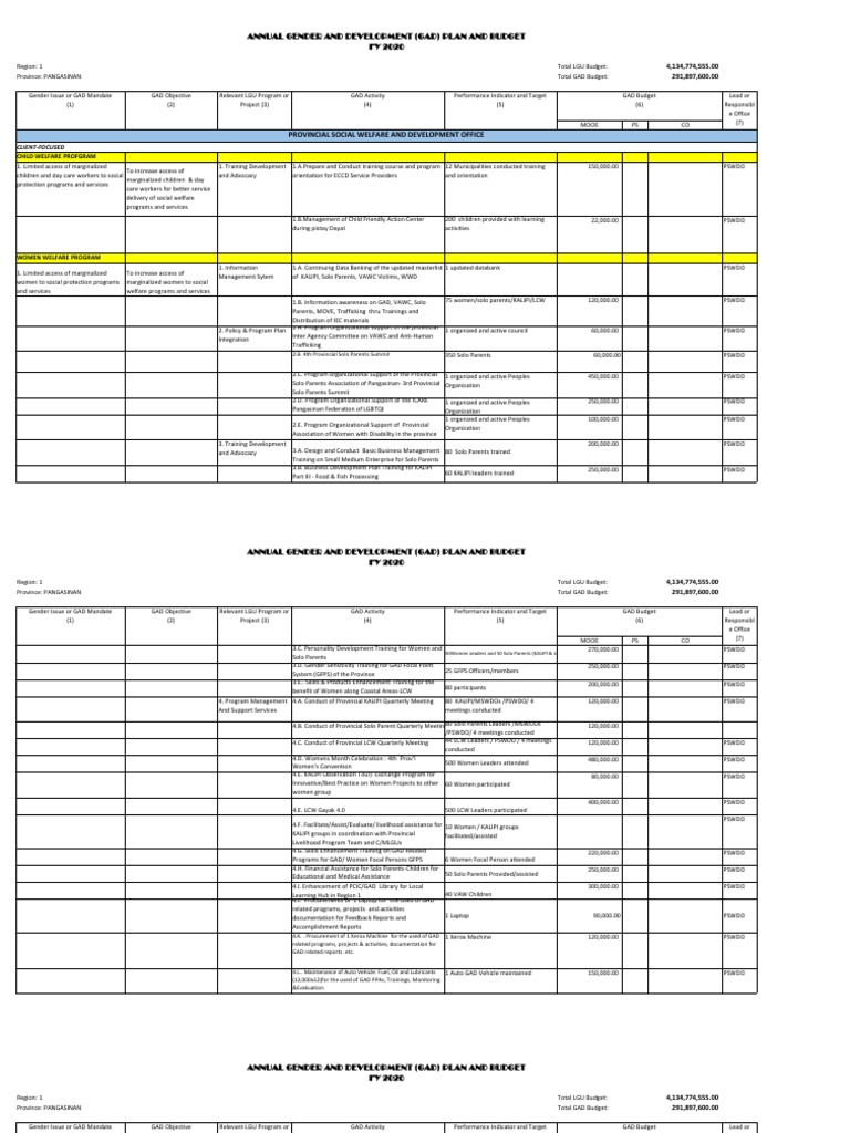 2020 Gad Plan Budget Report PDF Gender And Development Family