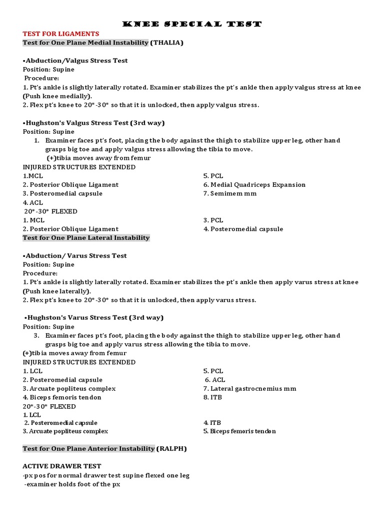 Special Test Knee Docx Knee Human Leg