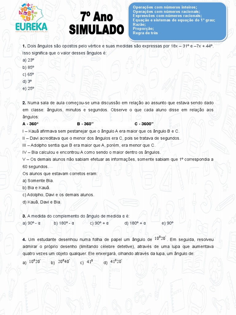 Matemática Simulado 7º Ano Pdf ângulo Equações