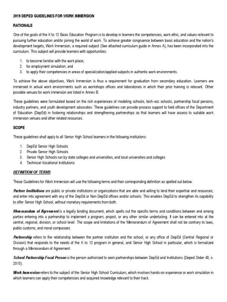 2019 Deped Guidelines For Work Immersion | PDF | Employment | Curriculum