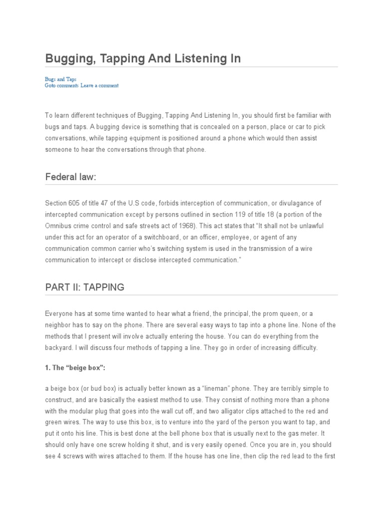 Techniques for Bugging and Tapping | PDF | Telephone Tapping | Telephone
