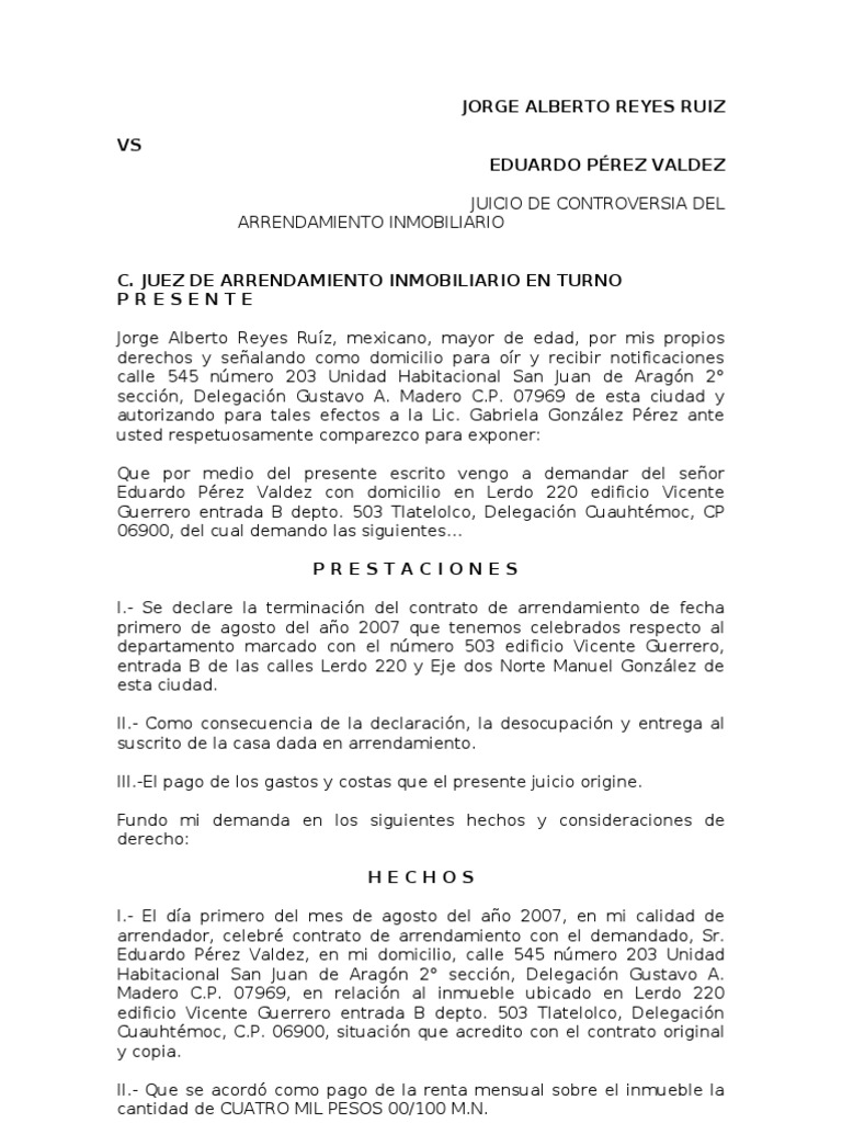 MODELODEDEMANDADETERMINACIONDECONTRATODEARRENDAMIENTO[1] Demanda judicial México