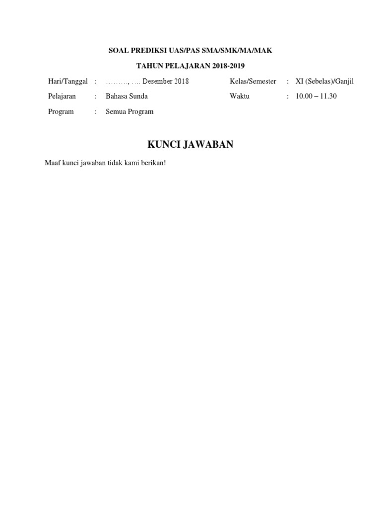 Kunci Jawaban Soal Prediksi Uas Pas B Sunda Kls Xi